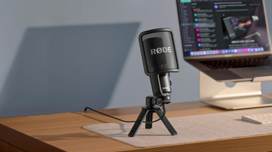 Конденсаторний мікрофон RODE NT-USB+ з металевим поп-фільтром на настільній тринозі поруч із ноутбуком Apple MacBook на дерев'яному столі